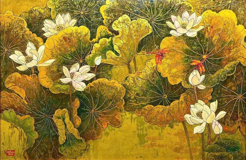 Bạch Liên Hoa IV Tranh Sơn Mài Hoa Sen của Họa Sĩ Đỗ Khải
