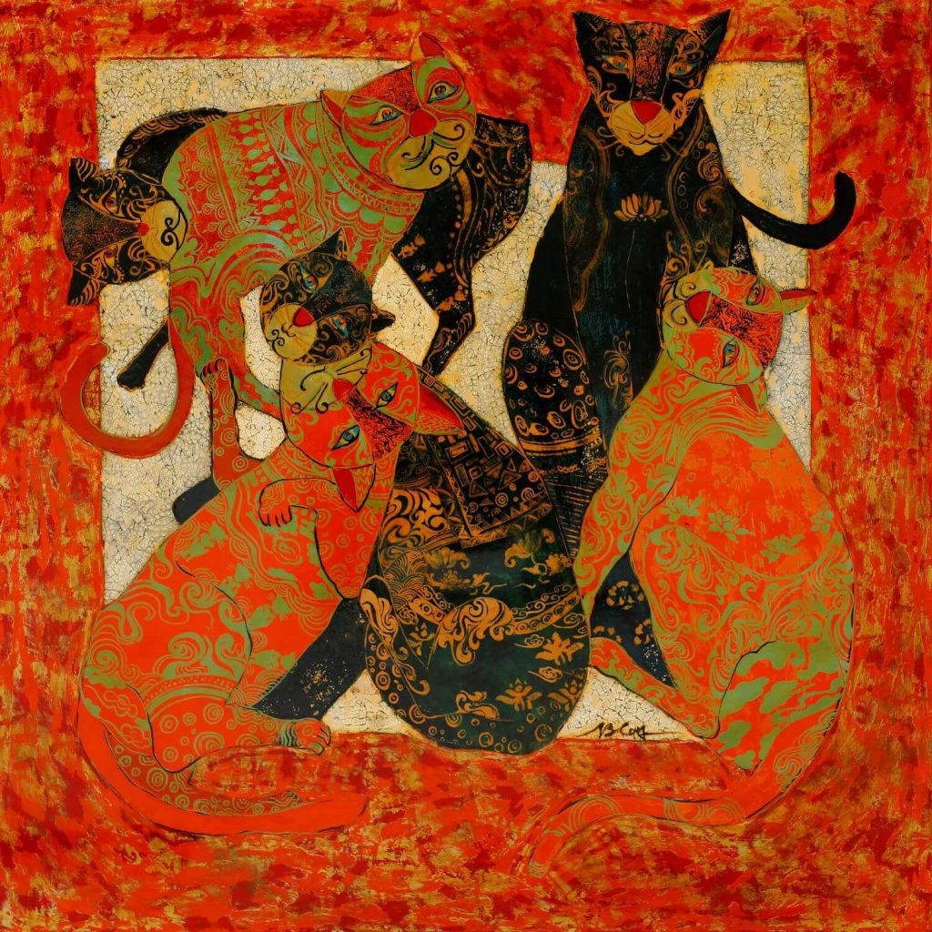 Chuyện nhà mèo tranh sơn mài của họa sĩ Ngô Bá Công