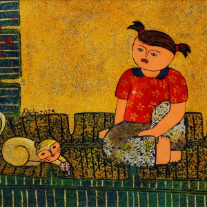 Cô Bé, Mèo & Cuộn Len - Tranh Sơn Mài Cao Cấp của Họa Sĩ Châu Ái Vân