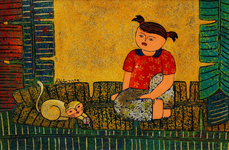 Cô Bé, Mèo & Cuộn Len - Tranh Sơn Mài Cao Cấp của Họa Sĩ Châu Ái Vân